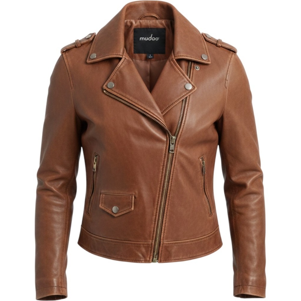 Muubaa Womens Tan Brown 100% Lamb Leather Biker Motorcycle Jacket Size US 4 UK 8